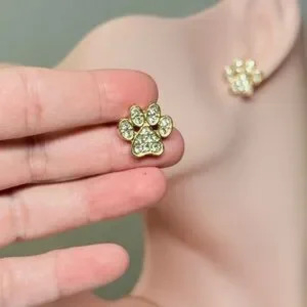 Gold Paw Print Earrings with Crystals